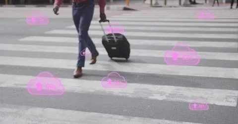 Image of pink digital clouds with numbers growing over man crossing street with Ilustração Stock