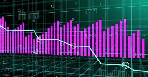 Image of pink graph and data processing over 3d grid Stock Photos