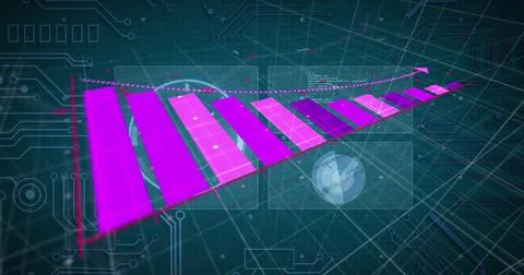 Image of pink graph over charts and data processing on dark interface Stock Photos