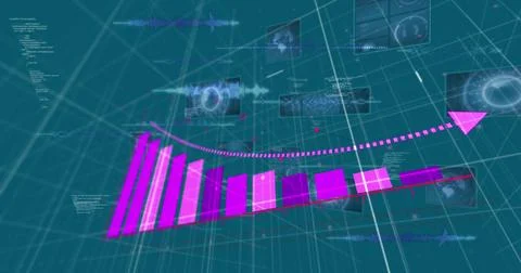Image of pink graph over data processing and charts on dark interface Foto stock