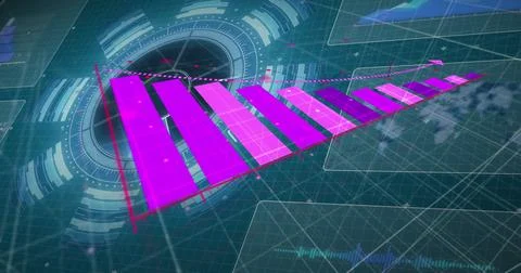 Image of pink graph over data processing with world map and charts on dark 스톡 사진