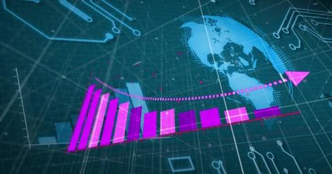 Image of pink graph over globe and data processing on blue background 写真素材