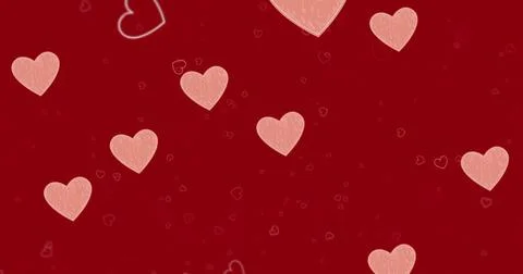Image of pink hearts falling over outline hearts on dark red background Ilustração Stock