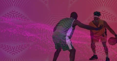 Image of pink mesh and data processing over diverse basketball players 스톡 일러스트