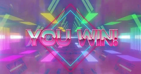 Image of pink metallic text you win over neon tunnel and person man using over Stock Illustration
