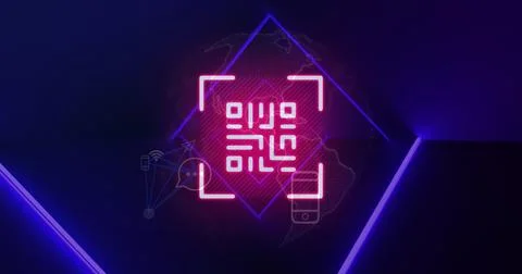 Image of pink neon qr code, blue neon lights and connected media icons on b.. Stock Photos