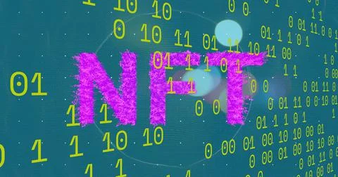 Image of pink nft text and data processing over blue background Stock Illustration