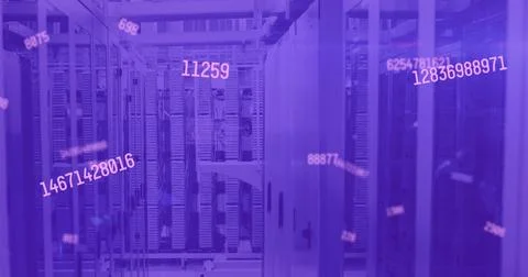 Image of pink numbers changing over tech room with computer servers Stock Illustration