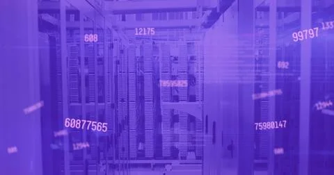 Image of pink numbers changing over tech room with computer servers Stock Illustration