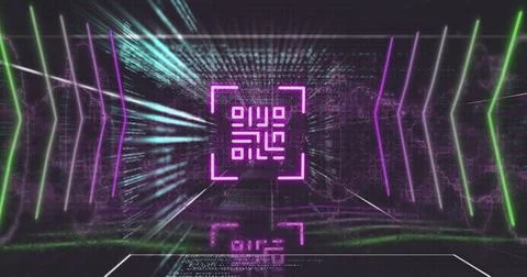 Image of pink qr code, neon lights and data processing on black background Stock Illustration