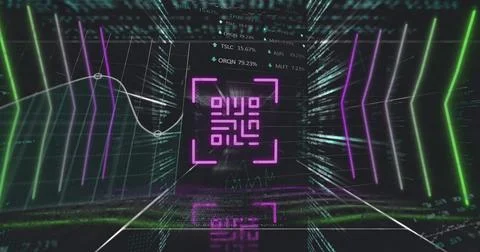 Image of pink qr code, neon lights and data processing on black background Stock Illustration