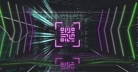 Image of pink qr code, neon lights and data processing on black background Illustrazione stock