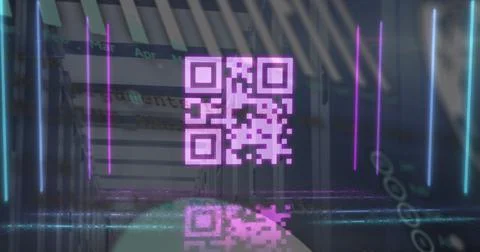 Image of pink qr code with neon lights and data processing over computer server Illustrazione stock