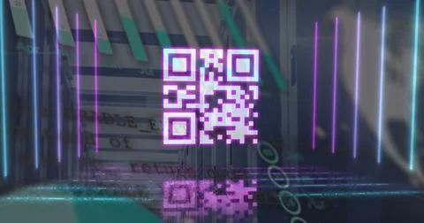 Image of pink qr code with neon lights and data processing over computer server Stock-Illustration