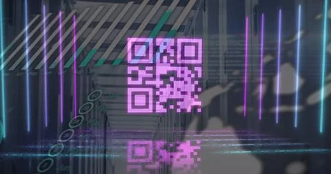 Image of pink qr code with neon lights and data processing over computer server Illustrazione stock