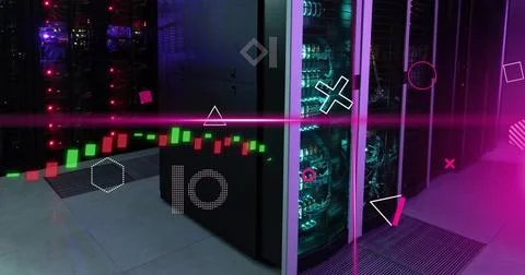 Image of pink scanner beams, rotating shapes and graph processing data over Stock Photos