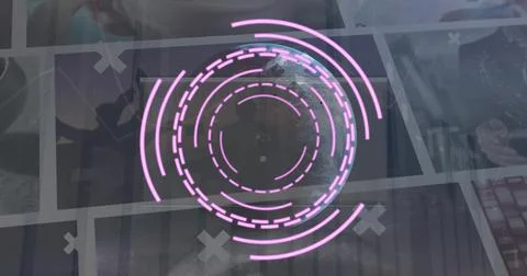 Image of pink scanner over processing data on interface screens Foto stock