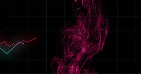 Image of pink smoke effect with grid overlay and fluctuating graph lines Illustrazione stock