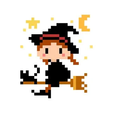 Image of pixel witch flying with a broom, and a black cat with her. vector il Stock Illustration