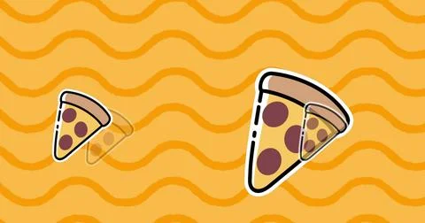 Image of pizza icons over waves on yellow background Ilustração Stock