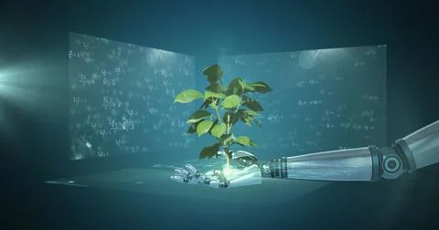 Image of plant over robot's arm and data processing on screens Ilustración de archivo