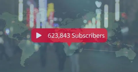 Image of play icon with increasing subscribers over world map against people Ilustração Stock
