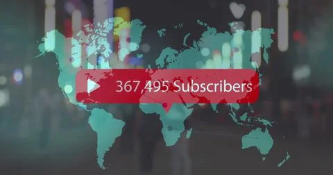 Image of play icon with increasing subscribers over world map against people Ilustração Stock