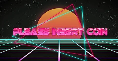 Image of please insert coin text over shapes 스톡 사진