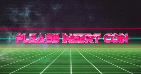 Image of please insert coin text with glitch technique over moving grid pattern Foto stock