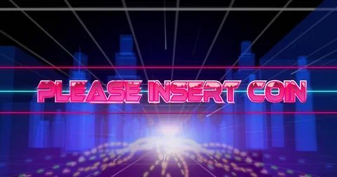 Image of please insert coin text over light trails and digital city on black 스톡 사진