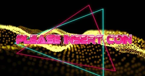 Image of please insert coin text in metallic pink letters with triangles over 스톡 사진