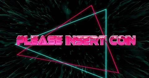 Image of please insert coin text in metallic pink letters with triangles over Stock Photos
