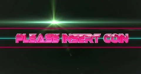 Image of please insert coin text between lines over lens flares against bla.. Foto stock