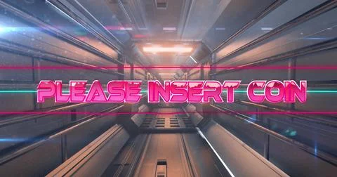 Image of please insert coin text banner against grey tunnel in seamless patte 스톡 사진