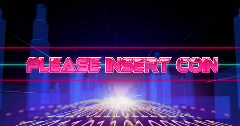 Image of please insert coin text glitching against a green screen 스톡 사진