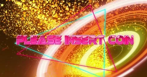Image of please insert coin text banner over orange glowing digital waves and 스톡 사진