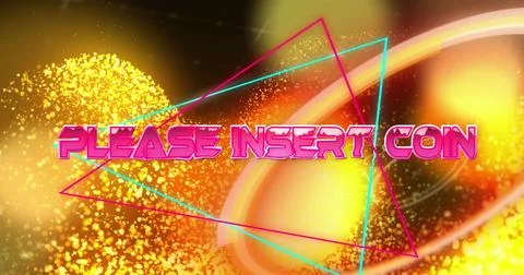 Image of please insert coin text banner over orange glowing digital waves and Foto stock