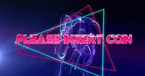 Image of please insert coin text over neon triangular banner against blue 스톡 사진