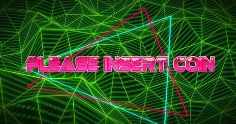 Image of please insert coin text over triangle over connected lines forming Fotos de archivo