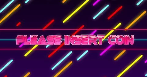 Image of please insert coin text over neon pattern background Stock Photos