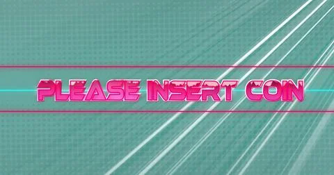 Image of please insert coin text over light trails on green background 스톡 사진