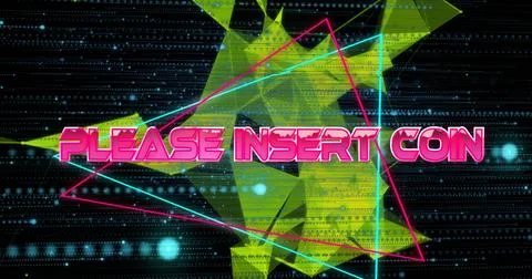 Image of please insert coin text over neon pattern background Stock Photos