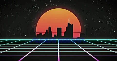 Image of please reboot text over a grid and digital sunset Stock-Fotos