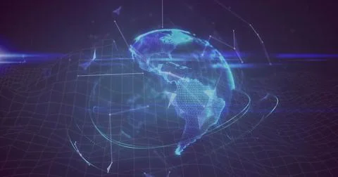 Image of plexus network forming a globe and light trails against blue background Stock Photos