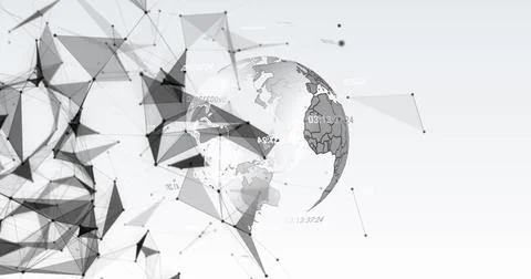 Image of plexus networks and changing numbers over spinning globe against g.. 스톡 사진