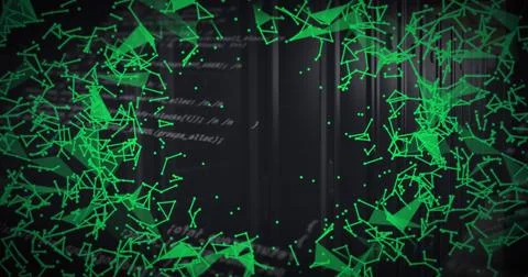 Image of plexus networks and data processing against computer server room Foto stock