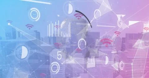 Image of plexus networks and interface with data processing against tall Stock Photos