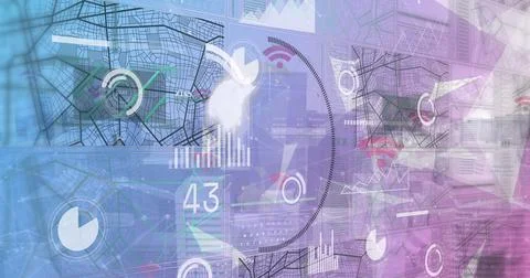 Image of plexus networks and interface with data processing against tall Stock Photos