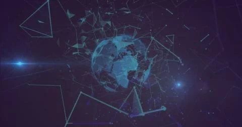 Image of plexus networks floating over spinning globe and light spot against Ilustração Stock