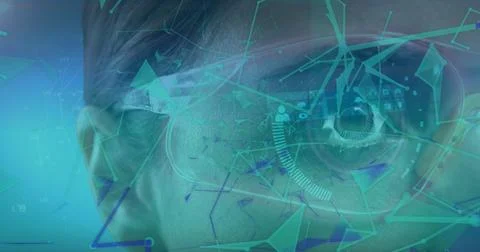 Image of plexus networks over close up of a woman wearing futuristic glasses Stock Photos